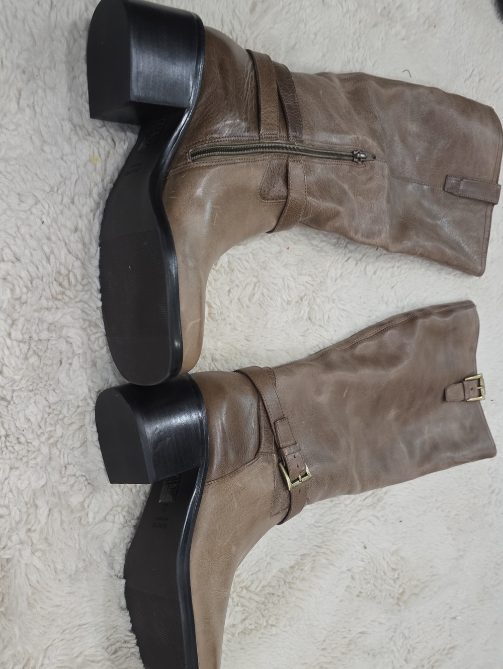 Women's Taupe Mid-Calf Leather Boots with Buckle Detail